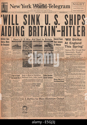 1941 New York World telegramma (USA) pagina anteriore reporting di Adolf Hitler minacce ad affondare le navi degli Stati Uniti favorendo la Gran Bretagna Foto Stock