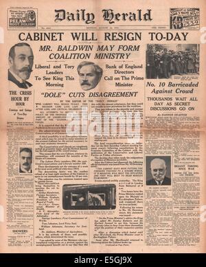 1931 Daily Herald pagina anteriore reporting Ramsay MacDonald forma un governo nazionale Foto Stock