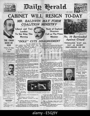 1931 Daily Herald pagina anteriore reporting Ramsay MacDonald forma un governo nazionale Foto Stock