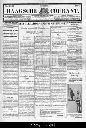 1934 Haagsche Courant (Olanda) la morte del principe Hendrik dei Paesi Bassi Foto Stock