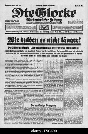 Die Glocke (Germania) pagina anteriore reporting Adolf Hitler il discorso sui Sudeti chiamando sul leader ceco Edvard Beneš che il Sudetenland situazione non saranno più tollerate Foto Stock