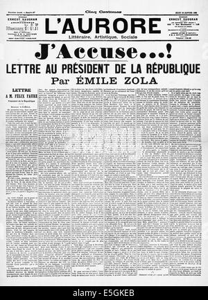 1896 L'aurore (Francia) pagina anteriore reporting Emile Zola's lettera al Presidente "J'accuse.." mi accusano, Lettera al Presidente della Repubblica' relative all'affare Dreyfus Foto Stock