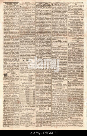 1821 Lancaster Gazette pagina 2 Notifica del decesso di Napolean Bonaparte Foto Stock