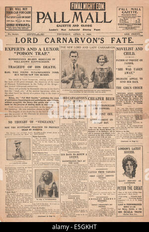 1923 Pall Mall Gazette pagina anteriore segnalato la morte di Lord Carnarvon dopo aver trovato Tutenkhamen la tomba di Foto Stock