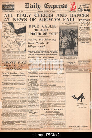 1935 News cronaca pagina anteriore segnalato la caduta di Adowa alle forze italiane in guerra abissina Foto Stock