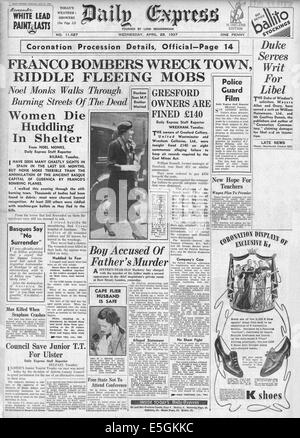 1937 Daily Express pagina anteriore segnalato il bombardamento di Guernica dalla Luftwaffe durante la Guerra Civile Spagnola Foto Stock