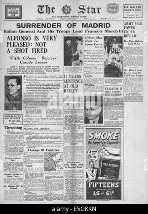 1939 Stella (Londra) ) pagina anteriore segnalato la rinuncia di Madrid durante la Guerra Civile Spagnola Foto Stock