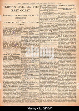 1914 Yorkshire Post settimanale pagina il reporting bombarbment di Scarborough, Hartlepool & Whitby dagli incrociatori della marina tedesca Foto Stock