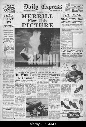 1937 Daily Express pagina anteriore segnalato la zeppelin Hindenburg disastro di Lakehurst, New Jersey Foto Stock