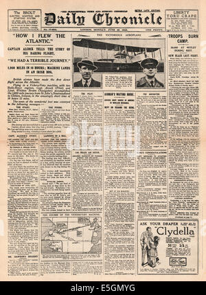 1919 cronaca quotidiana front page reporting Alcock & Brown volo transatlantico Foto Stock