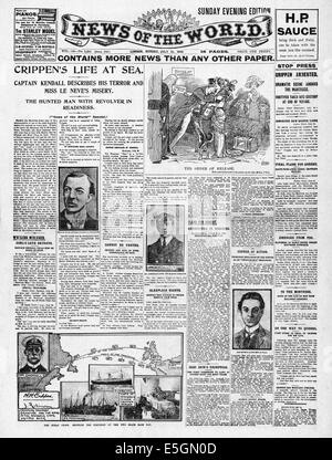 1910 News del mondo pagina anteriore segnalato l' arresto del dottor Hawley Crippen e Ethel Le Neve a bordo della Foto Stock