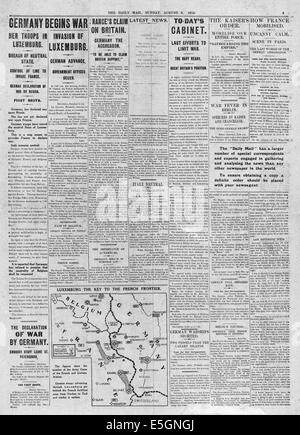 1914 Daily Mail pagina 5 reporting invasione tedesca del Lussemburgo Foto Stock