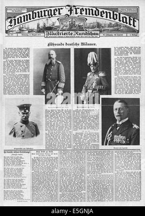 1914 Hamburger Fremdenblatt pagina anteriore che mostra i comandanti tedesco Von Tirpitz, Von Moltke, Von Ingenohl e Von Falkenhayn Foto Stock