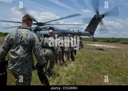 Stati Uniti Marines con Alfa Company, 2° Battaglione di ricognizione, seconda divisione Marine (MARDIV), spostarsi su un CH-53E Super Stallion Foto Stock