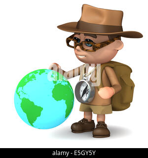 3D render di Explorer capretto con globo terrestre Foto Stock