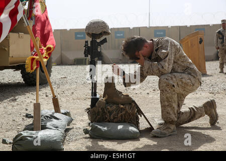 Stati Uniti Navy Corpsman ospedale di terza classe Giordania Lowe, con Scout Sniper plotone, 1° Battaglione, 7° Reggimento Marine, frequenta un mem Foto Stock