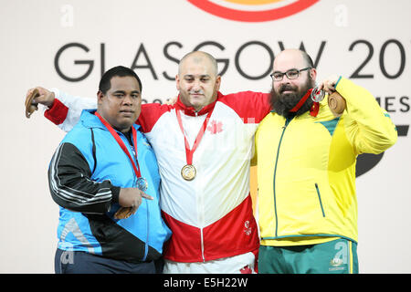 Glasgow, Scotland, Regno Unito. 31 Luglio, 2014. Glasgow Giochi del Commonwealth. Giorno 8 presso il Clyde Auditorium. Uomini pesi 105kg Gruppo A. Gold: George Kobaladze può, punteggio totale 400 e tre nuovi record (pulita e jerk 223kg, 229kg e totale 400 kg). Silver: Mitte Detenamo NRU, punteggio finale 396 e un record rotto (pulire e jerk 222kg). Bronze: Damon Kelly AUS, punteggio finale 388. Credito: Azione Sport Plus/Alamy Live News Foto Stock