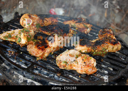 Hot ali di pollo e bacchette sulla griglia Foto Stock