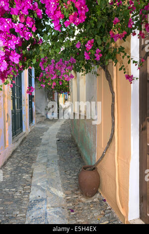 Un pittoresco viale acciottolato-modo nel tradizionale insediamento medievale di Ano Syros (Chora) in Syros Island, Cicladi Grecia Foto Stock