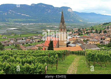 Vista di Termeno sulla Strada del Vino / Termeno in Alto Adige / Sud Tirolo tra i vigneti Foto Stock