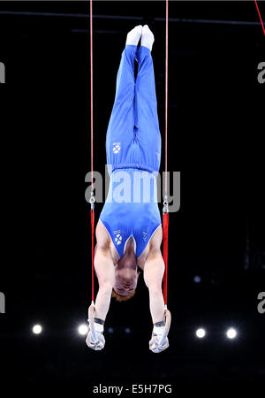 Glasgow, Scotland, Regno Unito. 31 Luglio, 2014. Daniel Purvis della Scozia compete durante gli uomini anelli finale di ginnastica artistica al 2014 Glasgow Giochi del Commonwealth in SSE idro a Glasgow in Scozia il 31 luglio 2014. Daniel Purvis ha vinto il bronzo. Credito: Han Yan/Xinhua/Alamy Live News Foto Stock