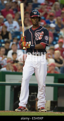 Washington DC, Stati Uniti d'America. Il 15 agosto, 2014. Washington cittadini diritto fielder Michael Taylor (18) a bat contro i pirati di Pittsburgh durante il loro gioco a cittadini Park a Washington D.C, Venerdì, 15 agosto 2014. Credito: Harry Walker/Alamy Live News Foto Stock