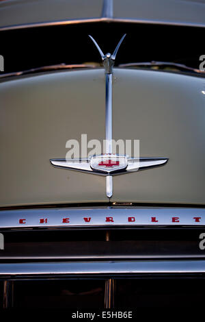 La mascotte del radiatore di una Chevrolet berlina di lusso dal 1949 al Big3 swap meet, presso il parcheggio della Qualcomm Stadium, nel marzo 2014. Foto Stock