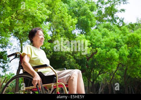 Asian senior donna seduta su una sedia a rotelle nel parco Foto Stock