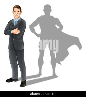 Hero imprenditore concetto, illustrazione di un fiducioso bello business man in piedi con le braccia piegate con ombra di supereroi Foto Stock