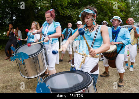 Malmesbury, Regno Unito, 27/07/2014 : Atmosfera al WOMAD - un mondo di musica, arte e danza. Una sfilata di Carnevale la Domenica pomeriggio con gli articoli realizzati su weekened. Foto di Julie Edwards Foto Stock