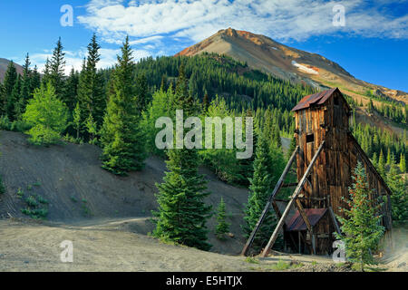 Albero e casa di montagna rossa n. 3, Yankee Girl miniera, nei pressi di Ouray, Colorado, STATI UNITI D'AMERICA Foto Stock