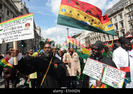 Londra, Regno Unito. 1 agosto, 2014. Dimostranti da Brixton, rally a Piazza del Parlamento venerdì, dal 1 agosto 2014, a Londra, per rendere il loro caso per riparazioni. Il mese di marzo è stata organizzata dal National Afrikan popoli del Parlamento, "a livello nazionale indipendente, rappresentativo organismo il cui scopo è quello di promuovere, preservare e proteggere il miglior interesse di Afrikan persone domiciliate nel Regno Unito" . Credito: Shoun Hill/Alamy Live News Foto Stock