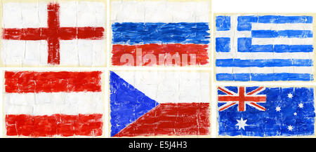 Dipinto a mano bandiere acrilico. Comprese le bandiere di Inghilterra, Russia, Grecia, Austria, Repubblica Ceca, Australia Foto Stock
