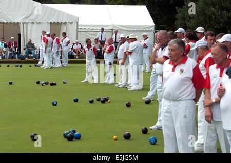 Victoria Park, Leamington Spa Warwickshire, Regno Unito. 02Aug, 2014. Il 2014 Bocce Inghilterra Campionati Nazionali e concorso nazionale finali sia per gli uomini che per le donne siano detenuti per un periodo di ventotto giorni tra il 2 e il 31 agosto. Uomini di squadre da Norfolk e Hampshire disputare la finale della Coppa di Middleton. Credito: Colin Underhill/Alamy Live News Foto Stock