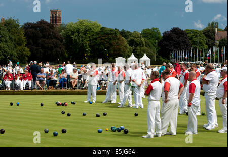 Victoria Park, Leamington Spa Warwickshire, Regno Unito. 02Aug, 2014. Il 2014 Bocce Inghilterra Campionati Nazionali e concorso nazionale finali sia per gli uomini che per le donne siano detenuti per un periodo di ventotto giorni tra il 2 e il 31 agosto. Uomini di squadre da Norfolk e Hampshire disputare la finale della Coppa di Middleton. Credito: Colin Underhill/Alamy Live News Foto Stock