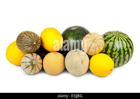 Molte diverse varietà di meloni isolati su sfondo bianco Foto Stock