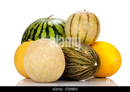 Diverse varietà di meloni specchiata e isolato su sfondo bianco Foto Stock