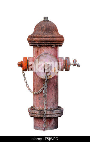 Vecchio rosso idrante di fuoco isolati su sfondo bianco Foto Stock