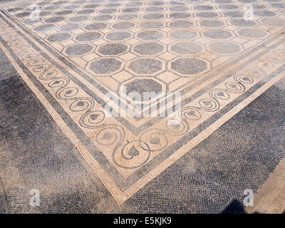 Pavimento a mosaico in rovine di Empuries. Complessa e dettagliata patterns in piano di una antica villa nella città romana di Empuries Foto Stock