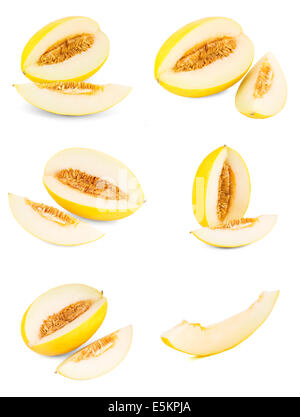 Impostare melone giallo su sfondo bianco, isolato Foto Stock