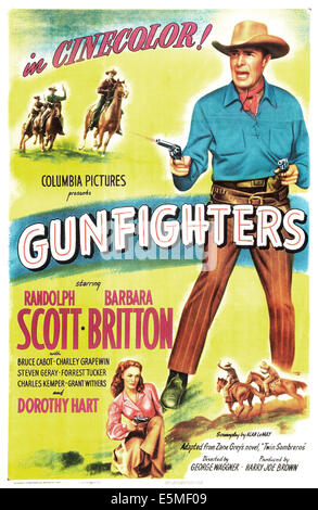 GUNFIGHTERS, noi poster, Randolph Scott (destra), Dorothy Hart (fondo), 1947 Foto Stock