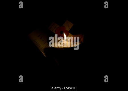 Belfast City Hall motivi, Irlanda. 4 Ago, 2014.Una donna che tiene una croce con un papavero a lume di candela per contrassegnare la commemorazione del centenario dello scoppio della Prima Guerra Mondiale a Belfast il Cenotafio Credito: Bonzo Alamy/Live News Foto Stock