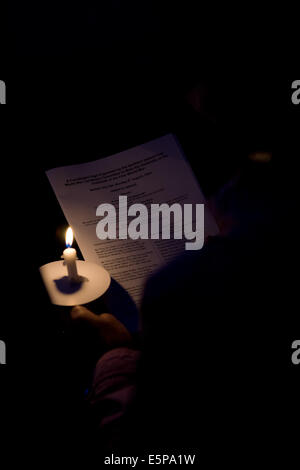 Belfast City Hall motivi, Irlanda. Il 4° agosto 2014. Veglia a lume di candela in occasione della commemorazione del centenario dello scoppio della Prima Guerra Mondiale a Belfast il Cenotafio Credito: Bonzo Alamy/Live News Foto Stock