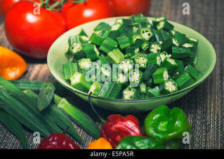 Materie trito di okra, Okro, pomodori, Scotch Bonnet peperoncini piccanti Foto Stock