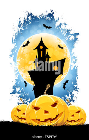 Grungy Halloween sfondo con la luna, Haunted House e zucche Foto Stock