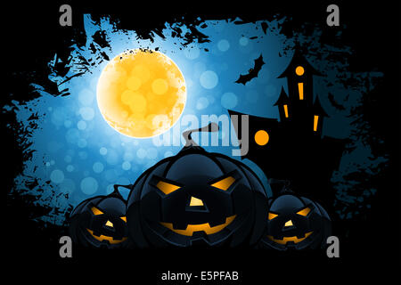 Grungy Halloween sfondo con la luna, Haunted House e zucche Foto Stock