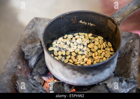 La tostatura i chicchi di caffè, Keren, Eritrea, Africa Foto Stock