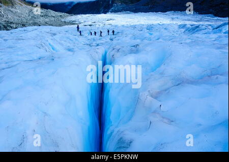 I turisti escursioni al di sopra di un gigante di spaccatura sul ghiacciaio Fox, Westland Tai Poutini National Park, South Island, in Nuova Zelanda, Pacific Foto Stock