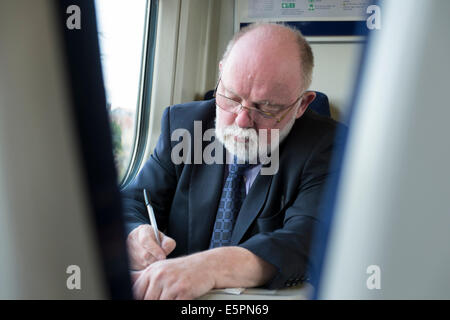 " Commuter " completare un cruciverba sul treno Foto Stock