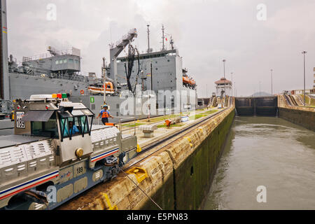 Mulo da vicino il traino di nave da crociera lungo Pedro Miguel canal, Panama Canal Foto Stock